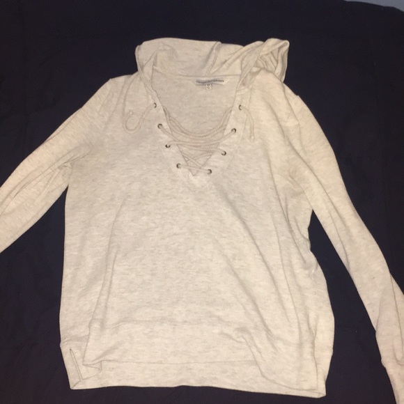 Grey hooded lace up long sleeve top - Picture 1 of 4